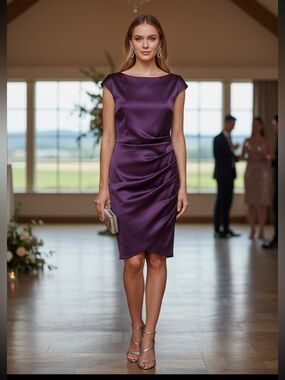 Satin Ruched Midi Dress in Purple - heavy ruching for flattering effect